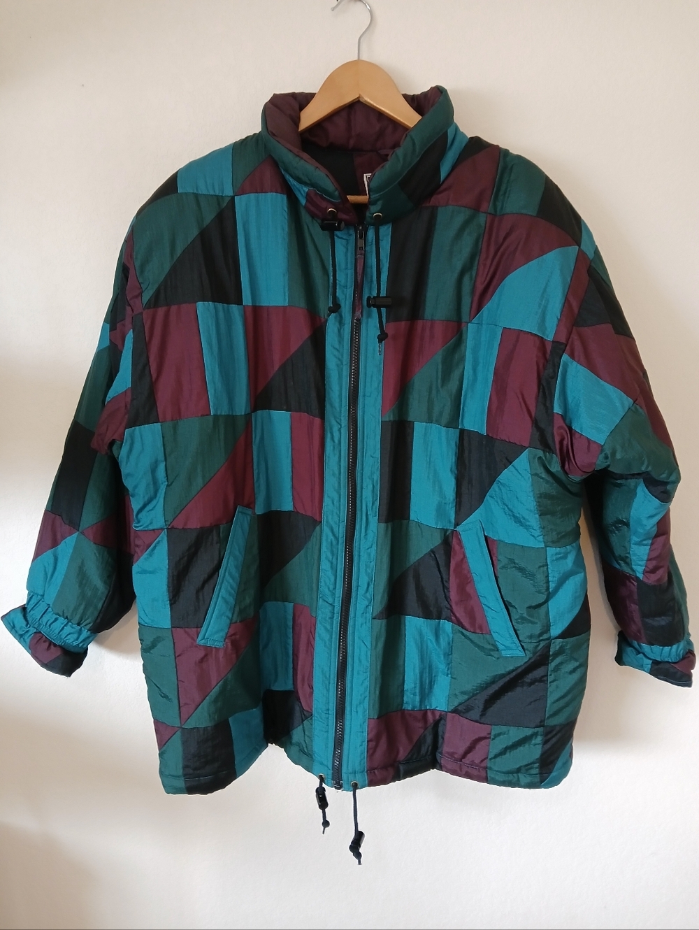 Vintage Spencer Douglas Patchwork Puff Coat Full Zip Pockets Dark Colors